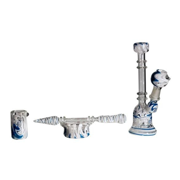 Rig Glass Bubbler w/Knucks/Dabber/Tray/Jar-Blue & White-7in